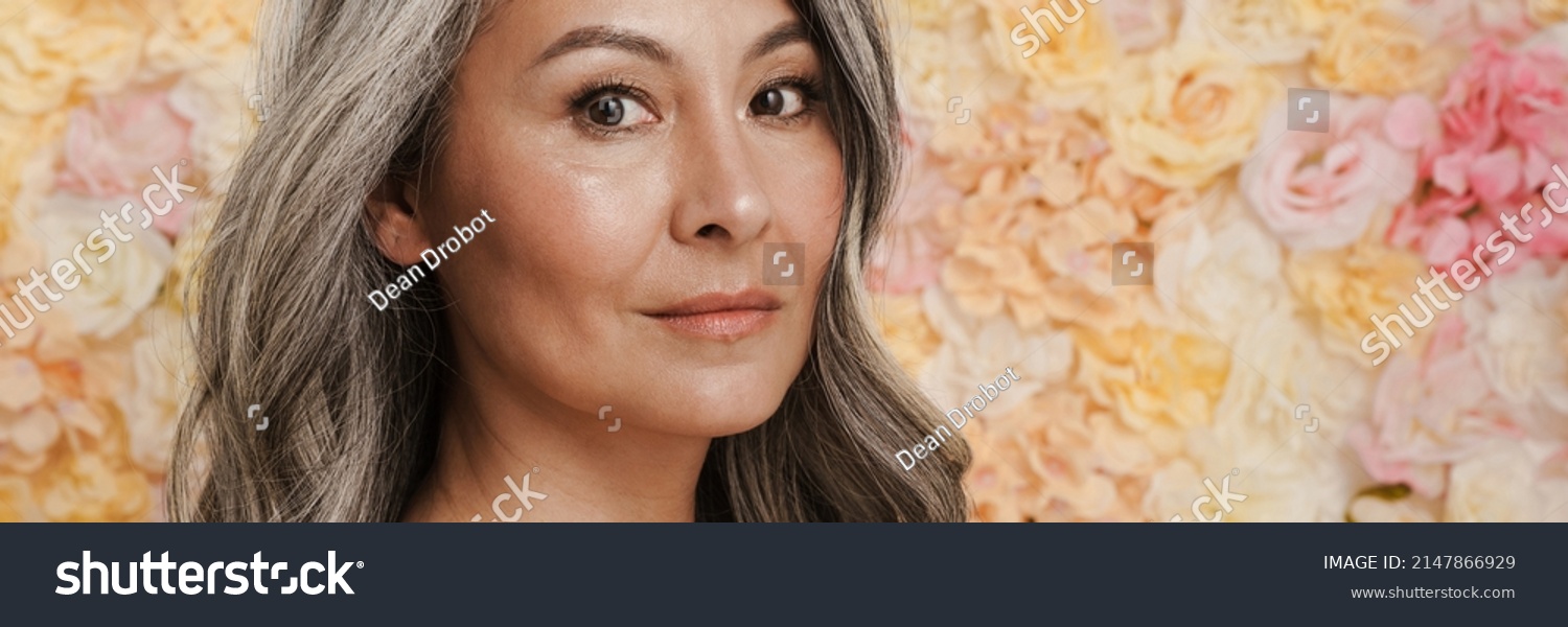 Smiling Mature Topless Woman Standing Posing Stock Photo