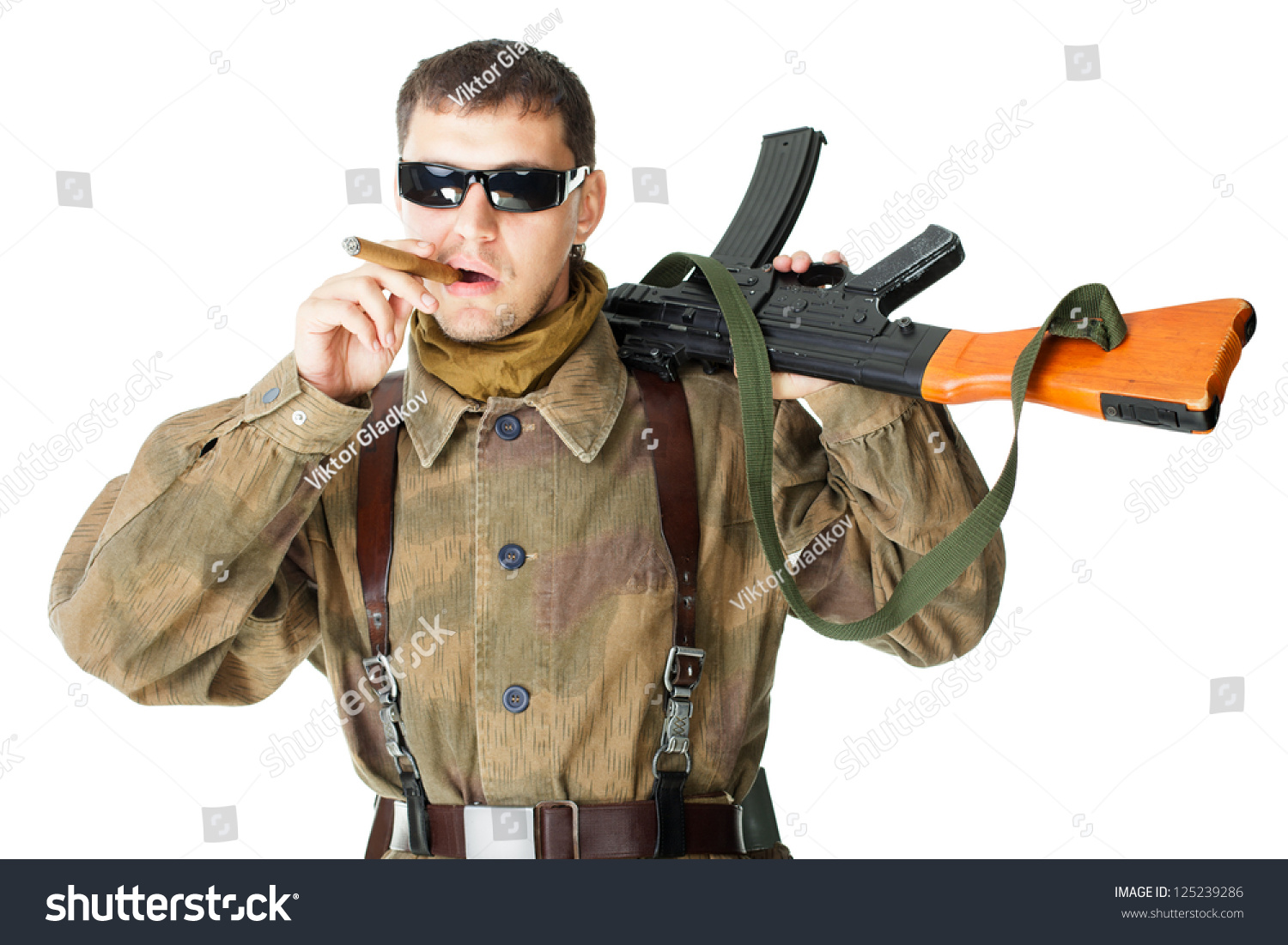 Soldier Wearing Sunglasses With Machine Gun Smoking A Cigar Isolated On 