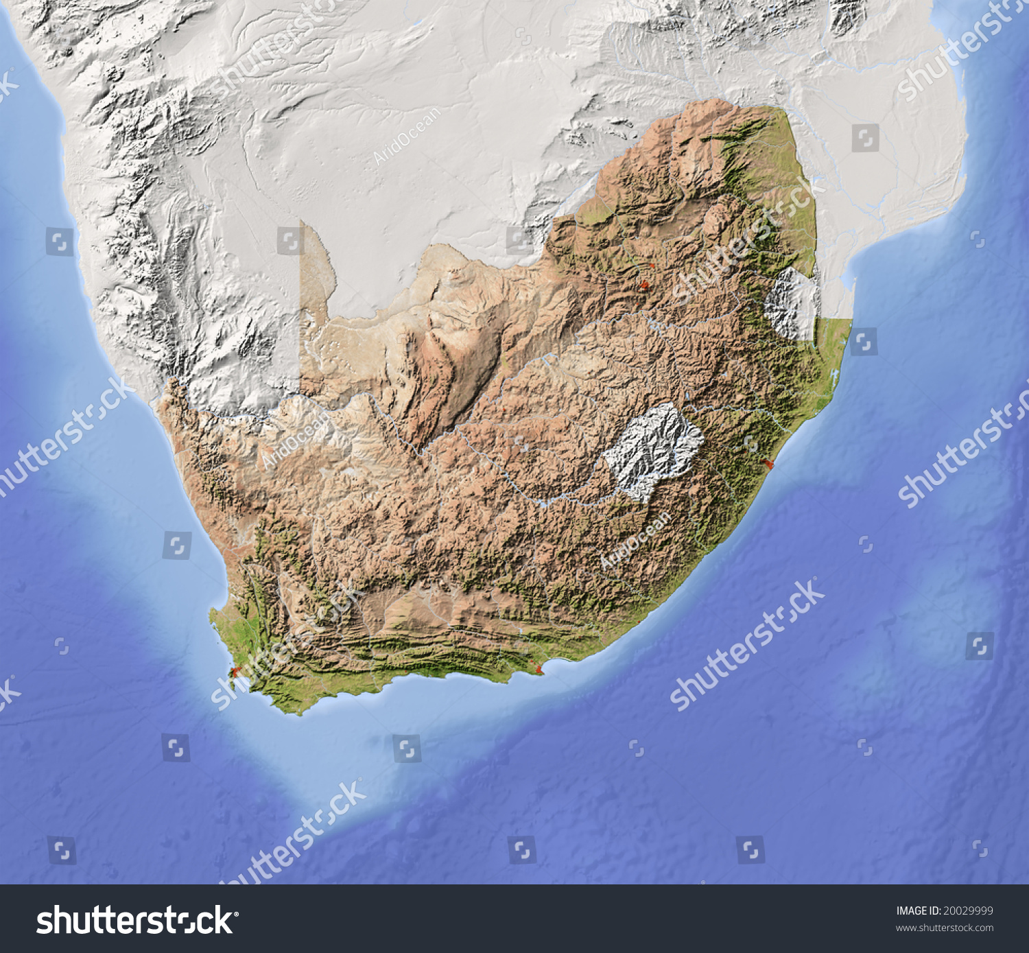 South Africa. Shaded Relief Map With Major Urban Areas. Surrounding 