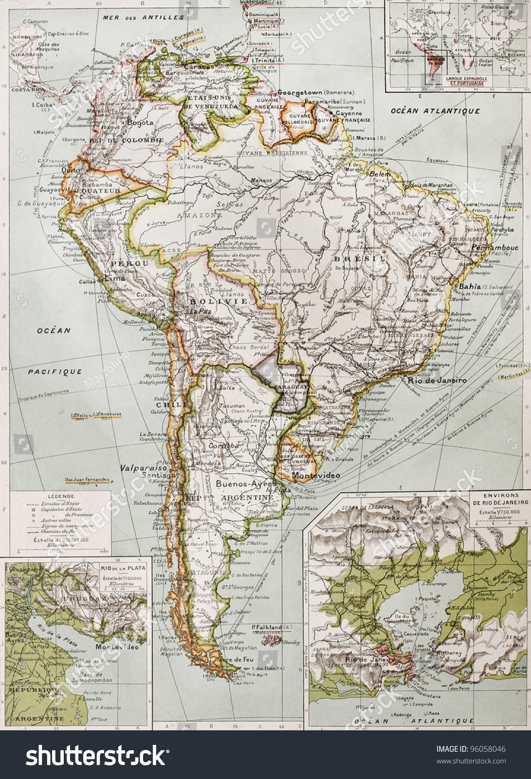 Southern America Old Map With Rio De La Plata Mouth Insert Plan And Rio