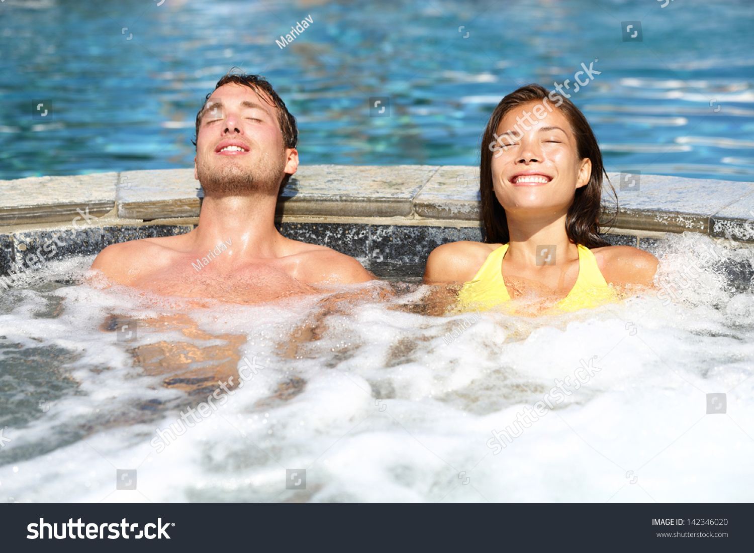 Spa Couple Relaxing Enjoying Jacuzzi Hot Tub Bubble Bath Outd
