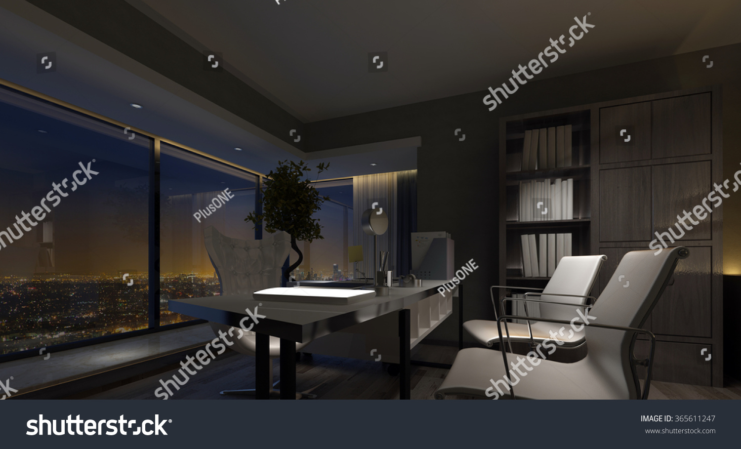 stock photo spacious luxury home office interior at night with dim lighting highlighting the table and chairs 365611247