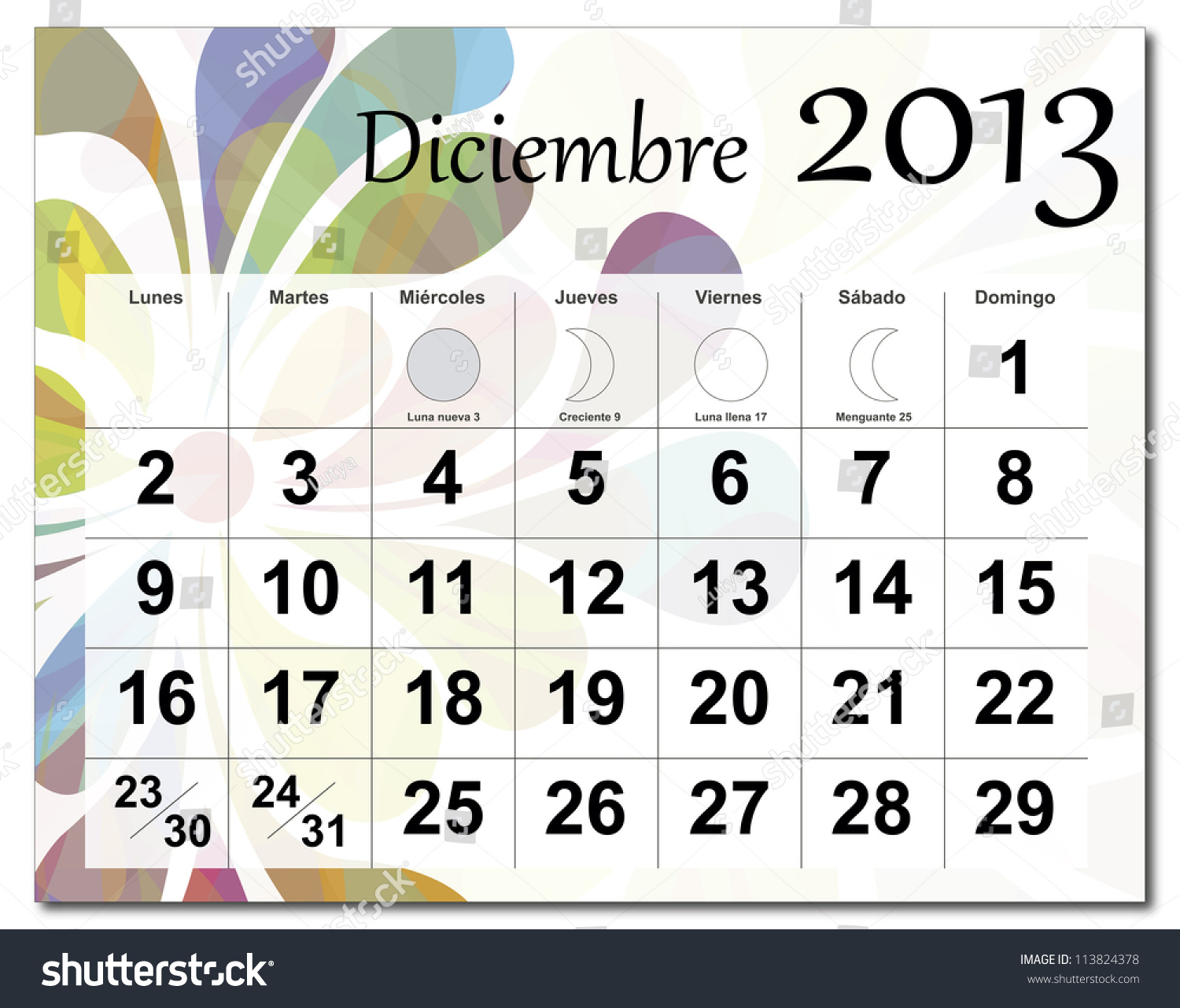 Spanish Version December 2013 Calendar Beautiful Stock Illustration 