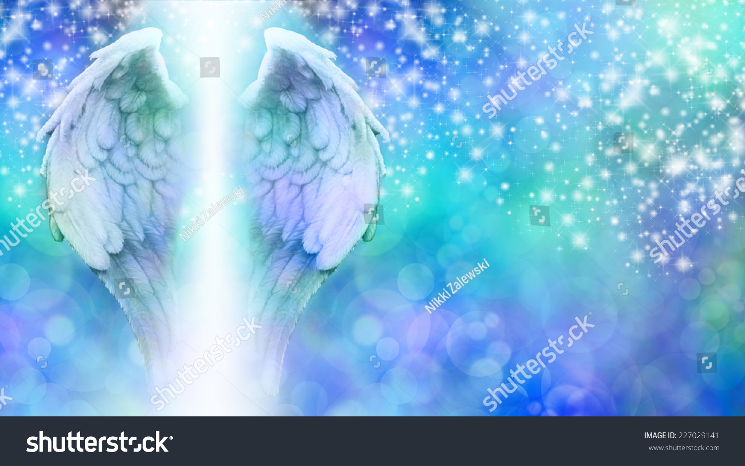 Sparkling Angel Wings Banner Blue Bokeh Background With A Rainfall Of