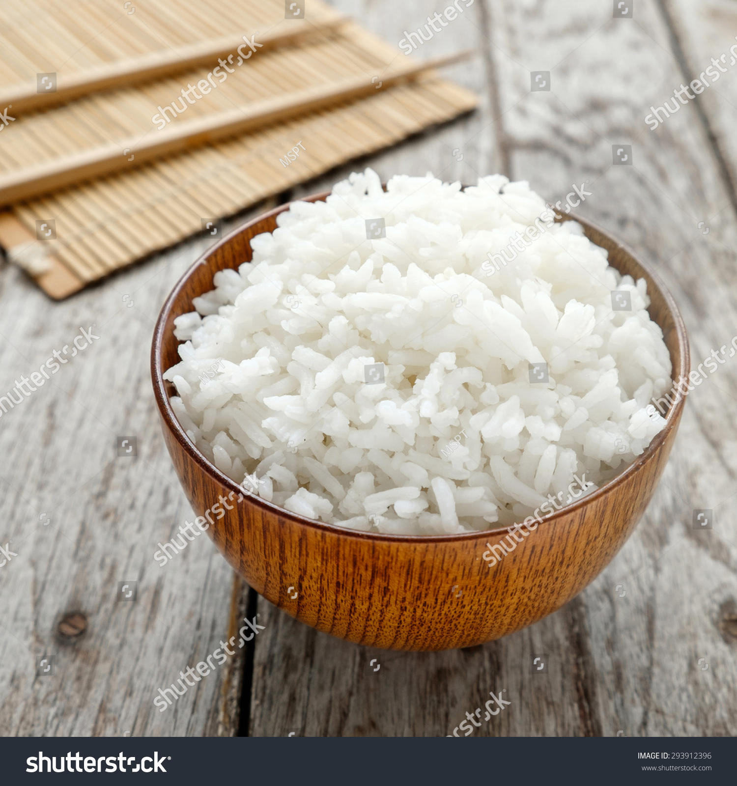 Steamed White Rice In Wooden Cup On Wooden Thailand Cooked Rice In