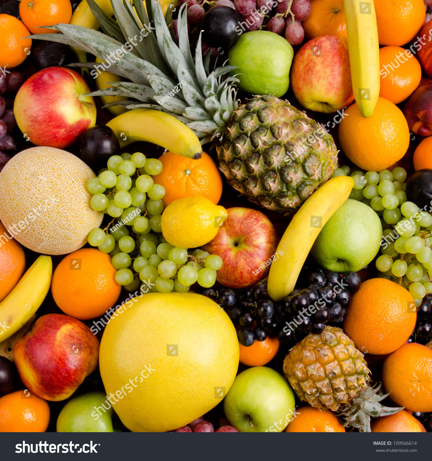 Still Life Of Big Heap Multi Coloured Fruits Square Background Stock