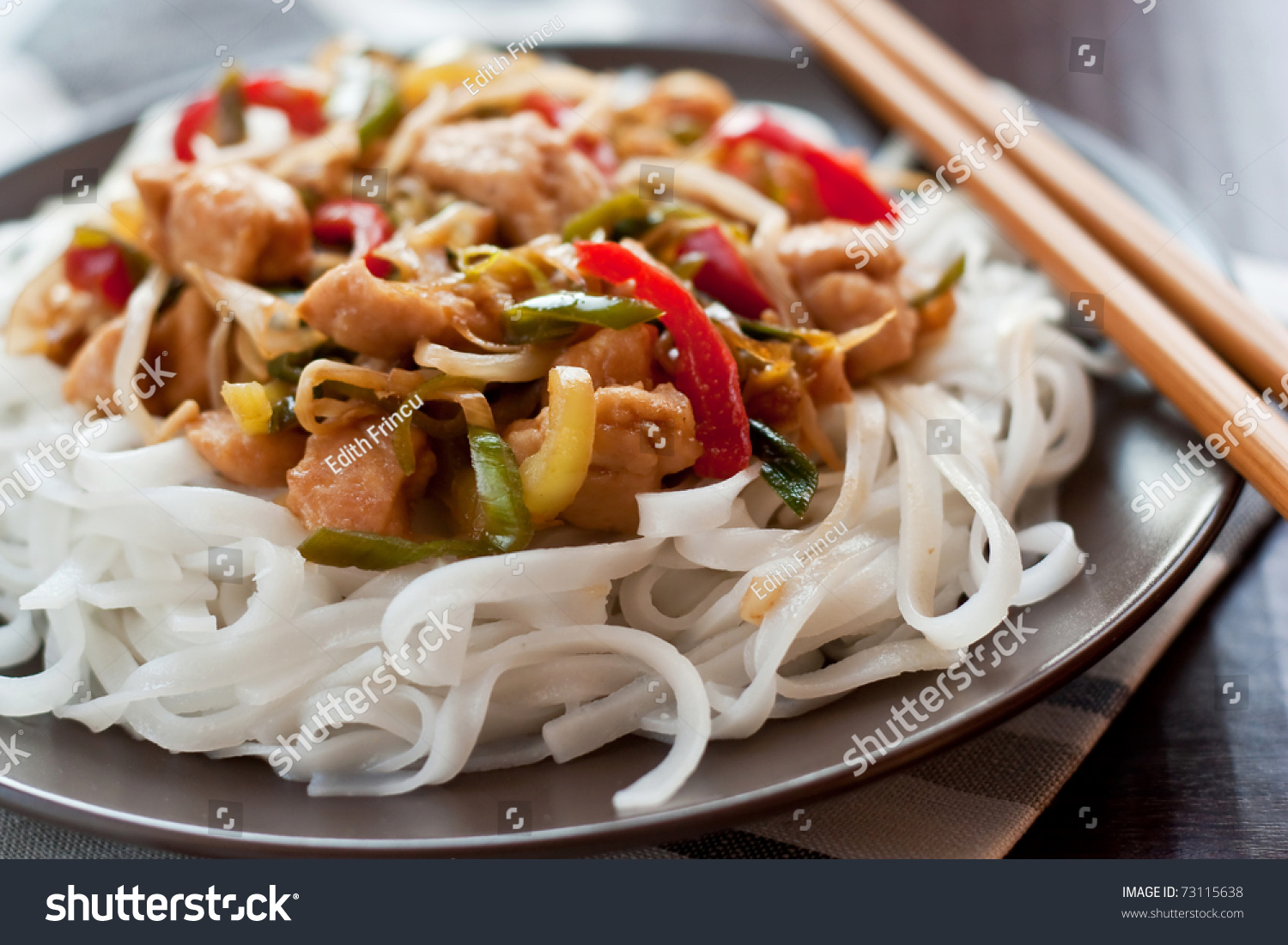 Stir Fry Chicken With Vegetables And Rice Noodles Stock Photo 73115638 