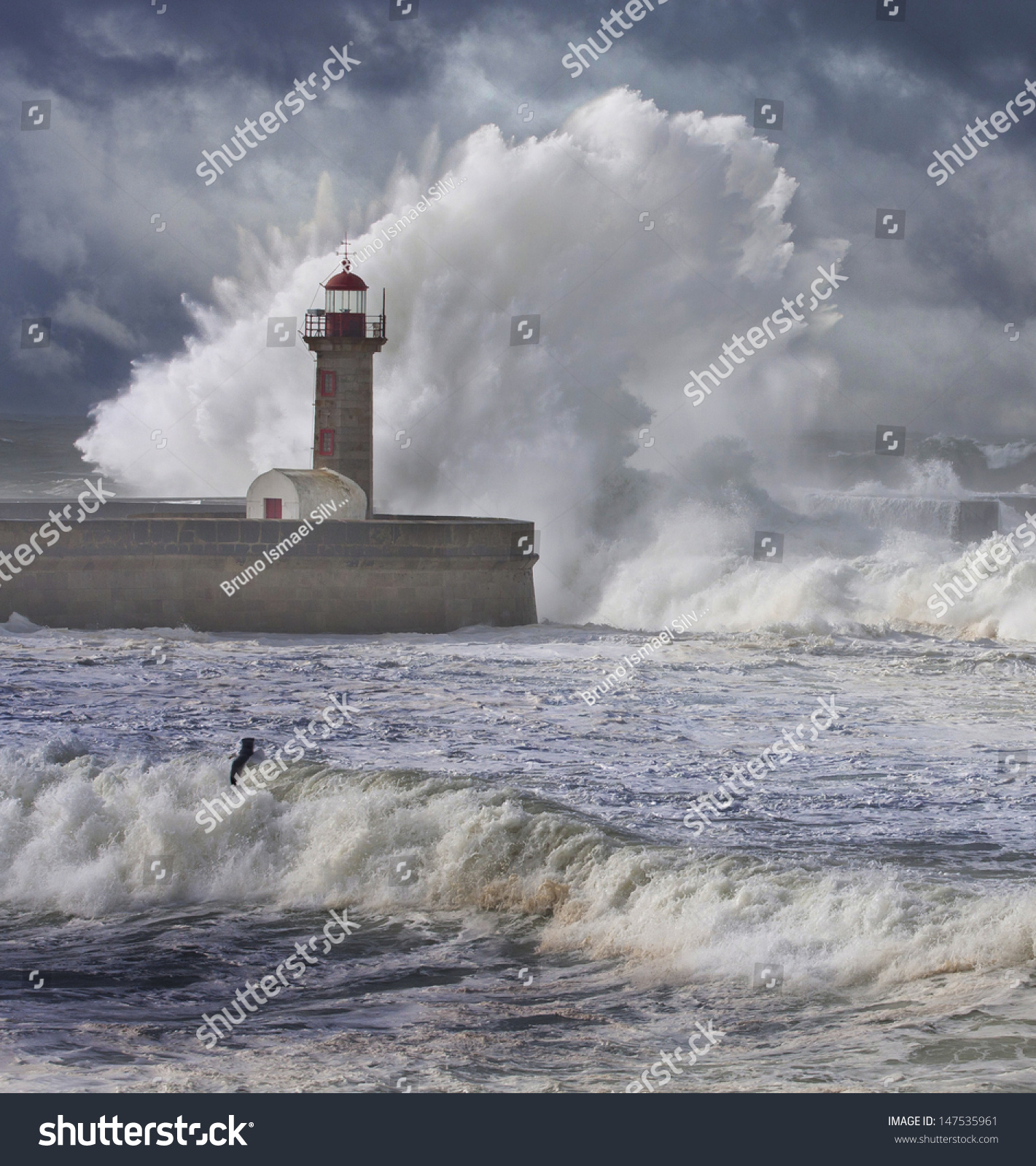 Storm Waves Over Lighthouse Portugal Enhanced Stock Photo 147535961