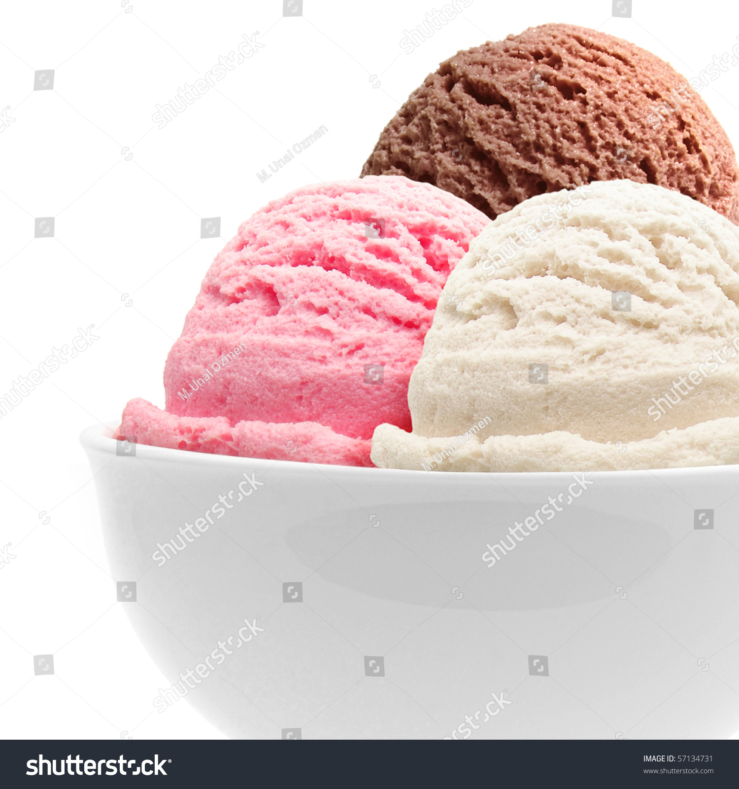 Strawberry Chocolate And Vanilla Ice Cream Scoops In Bowl Isolated On