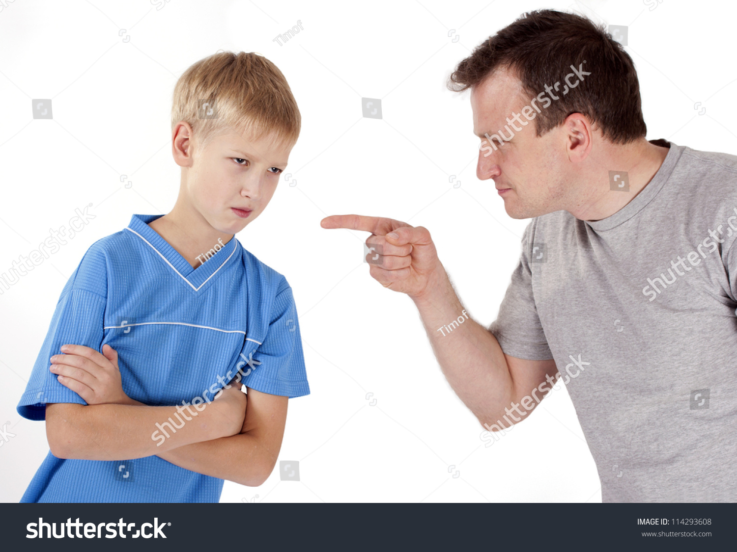 Strict Father Punishes His Son. Isolated On White Background Stock ...