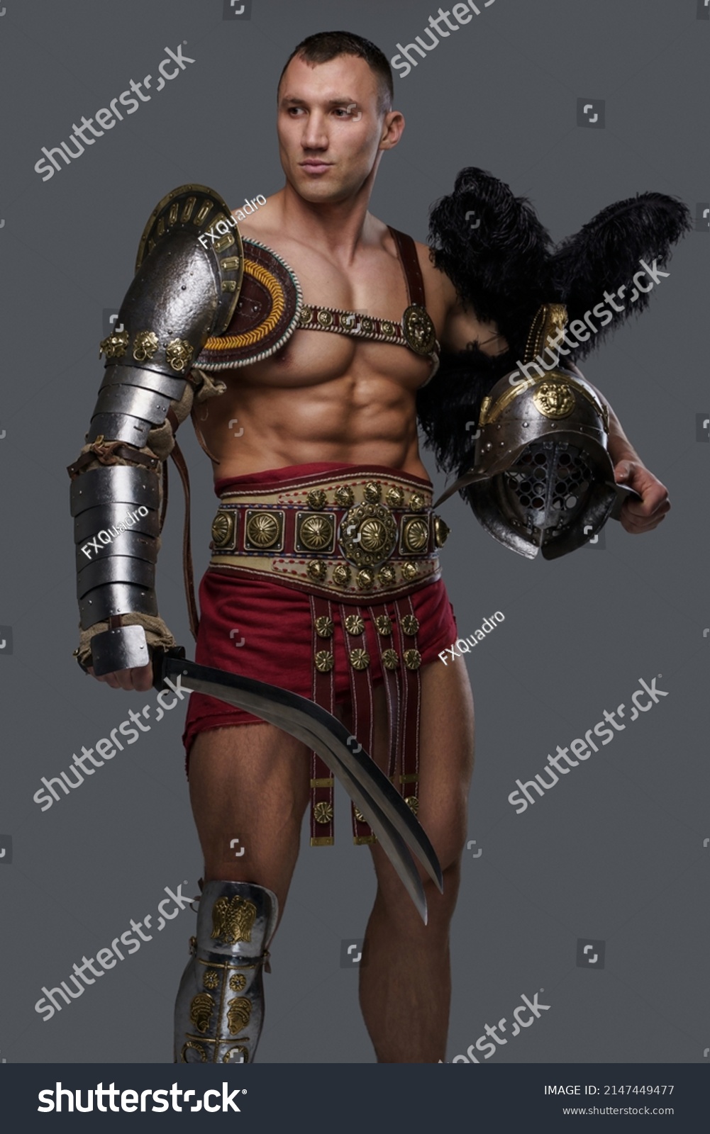 Studio Portrait Gladiator Athlete Naked Torso Stock Photo