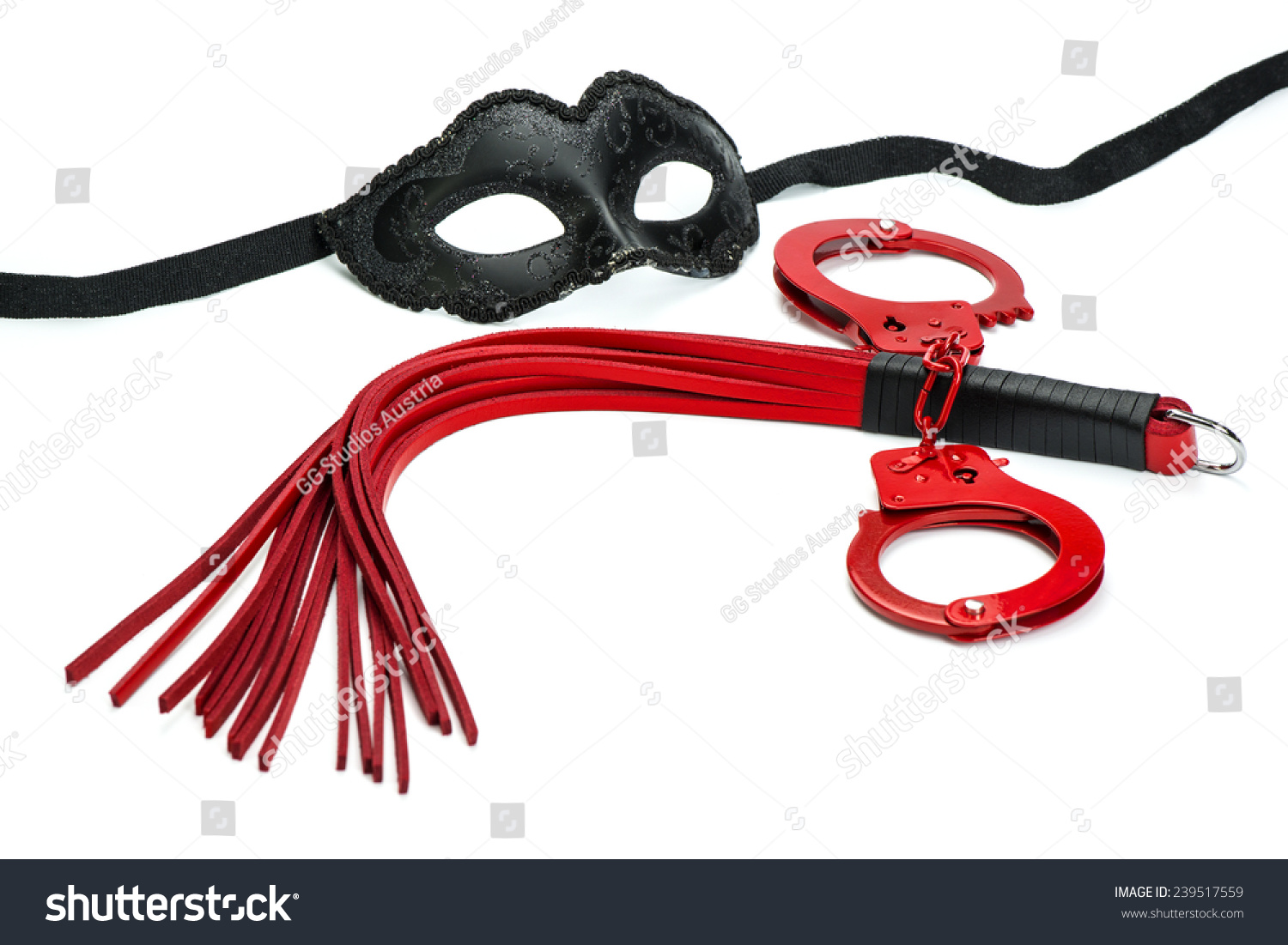 Stuff For Sexual Role Playing Fetish Mask In Venetian Style Togehter With A Whip Made Of Red 3248