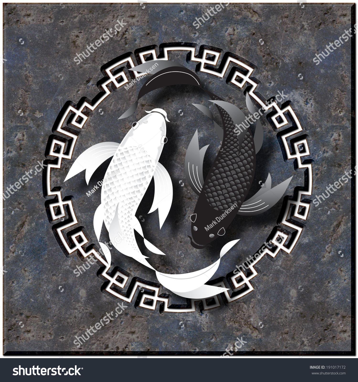 Stylized butterfly koi fish swimming over black granite background with cutout design Stylized butterfly koi fish swimming over black granite background with cutout design