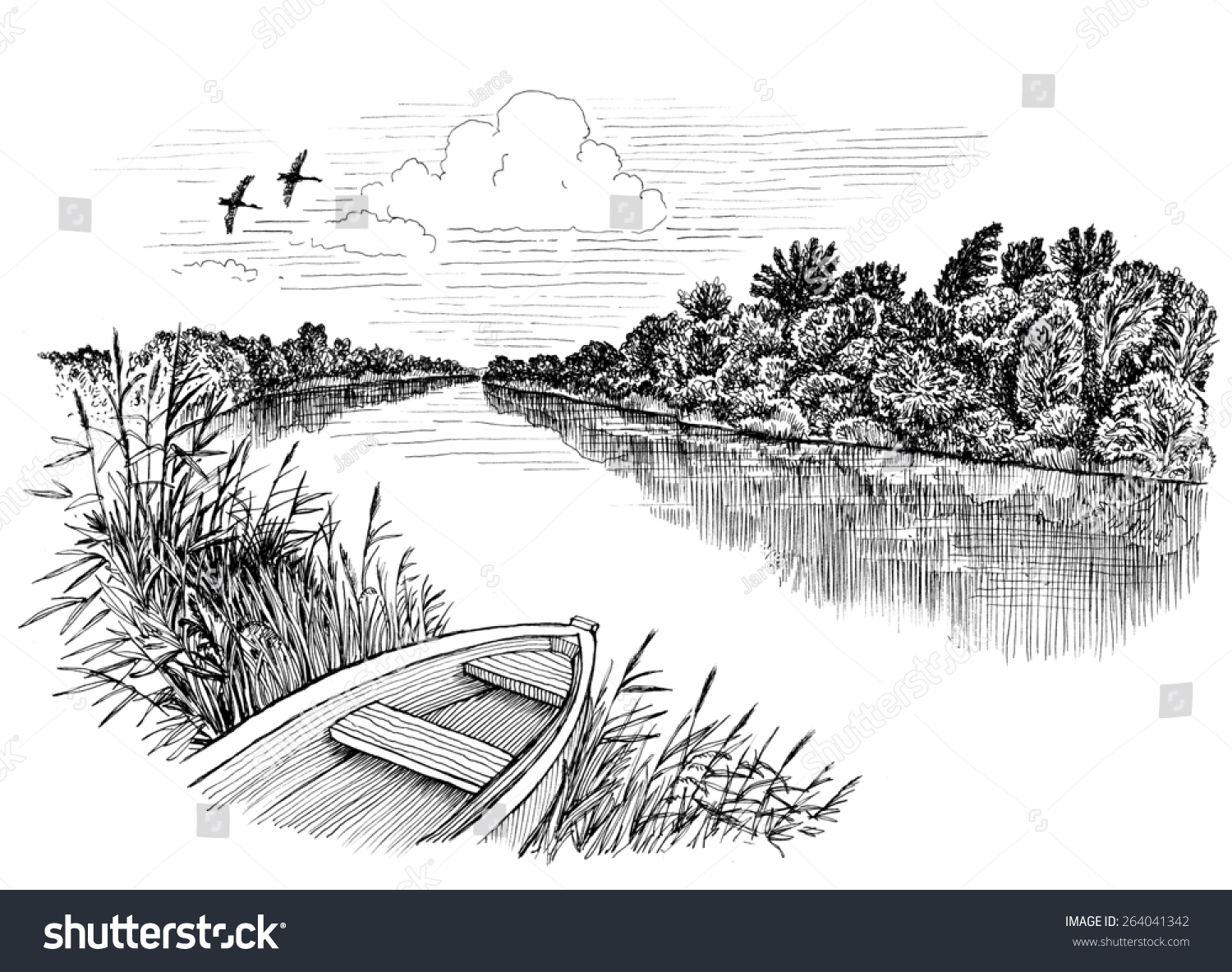 Summer Riverbank Landscape, Ink Drawing Stock Photo 264041342