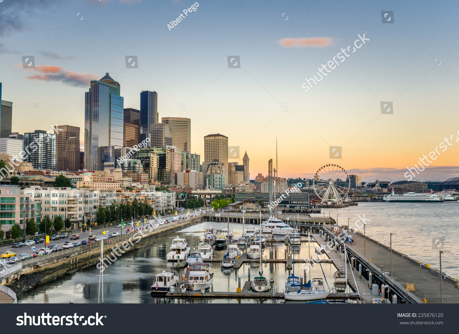 Sunset Over Downtown Seattle And Waterfront Stock Photo 235876120