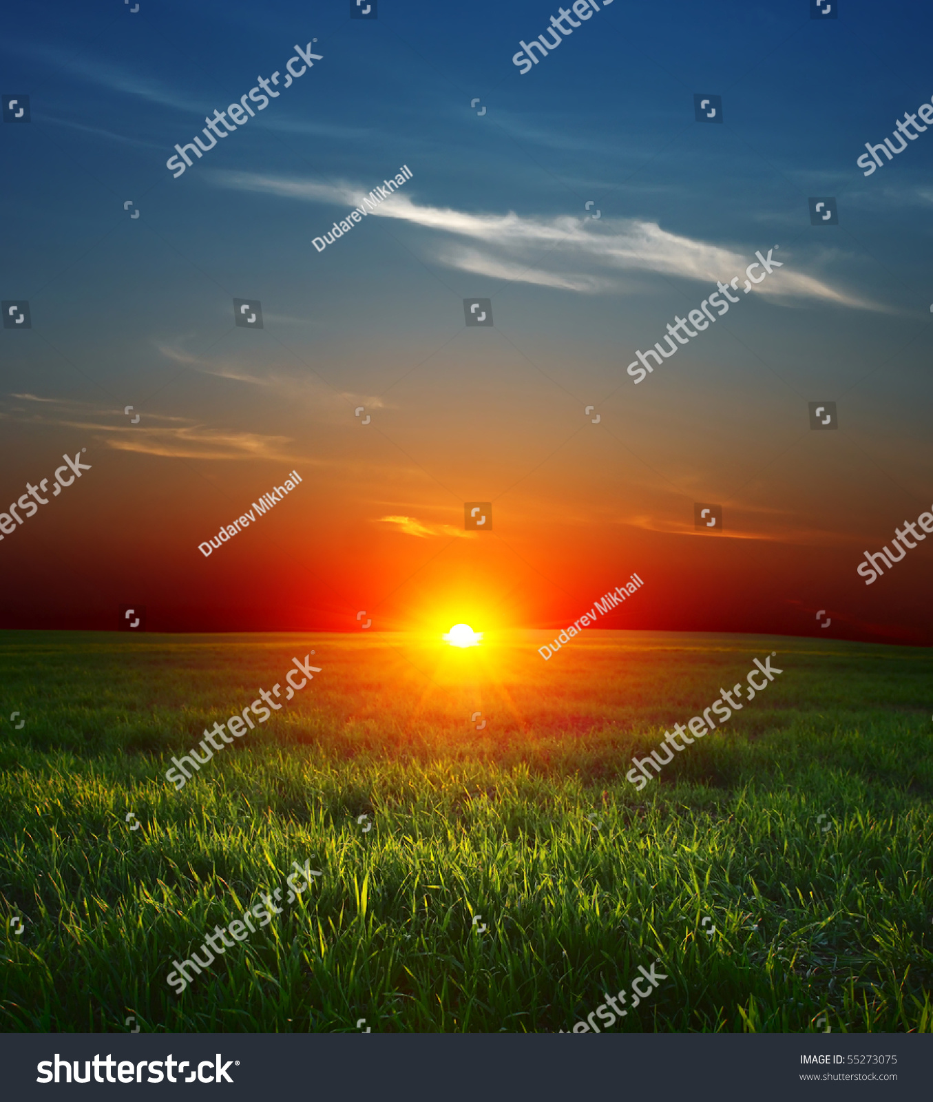 Sunset Over Field Green Grass Sky Stock Photo Edit Now 55273075