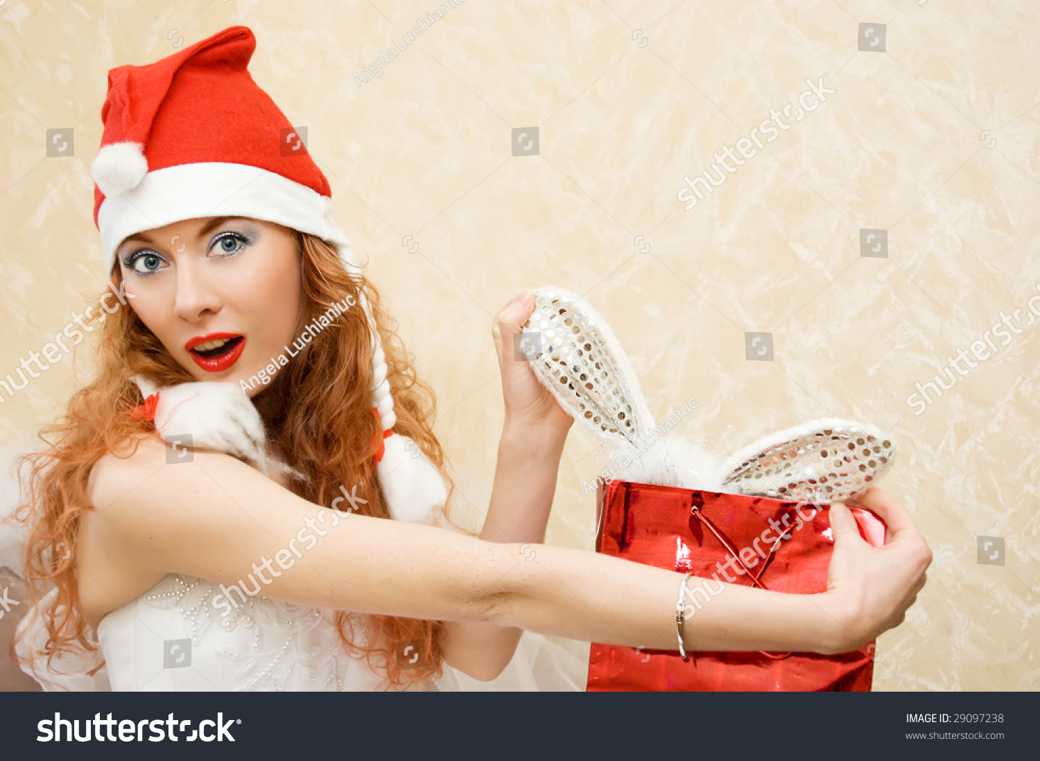 Surprised Redhead Girl Dressed As Santa Helper With Christmas T