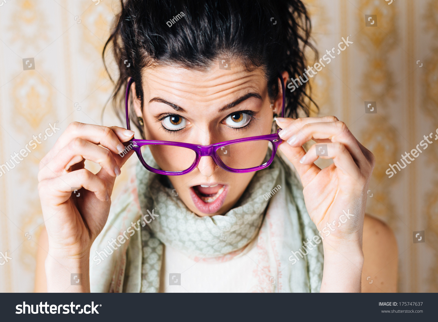 Surprised Woman Looking Over Her Glasses Beautiful Jaw Dropped Girl With Modern Eyewear Stock 2119