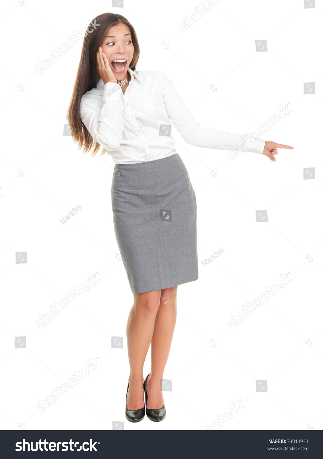 Surprised Woman Pointing Pretty Businesswoman Standing Stock Photo