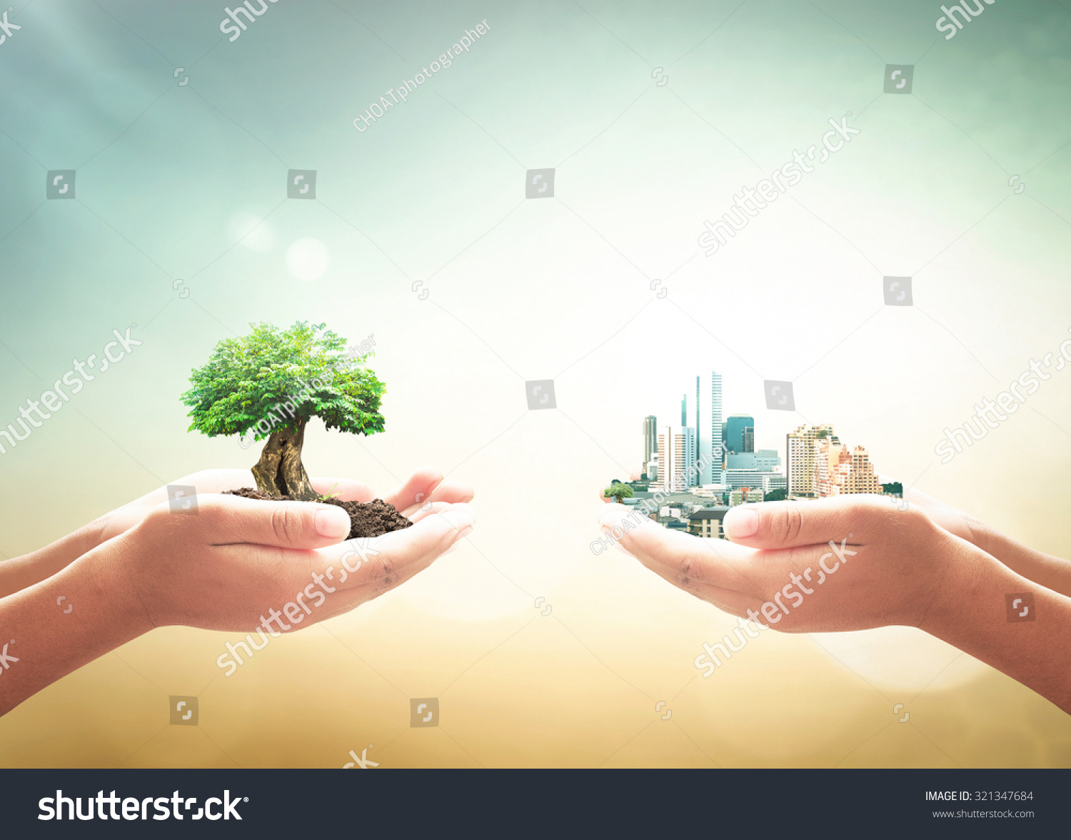 Sustainable Development Concept Two Human Hands Stock Photo