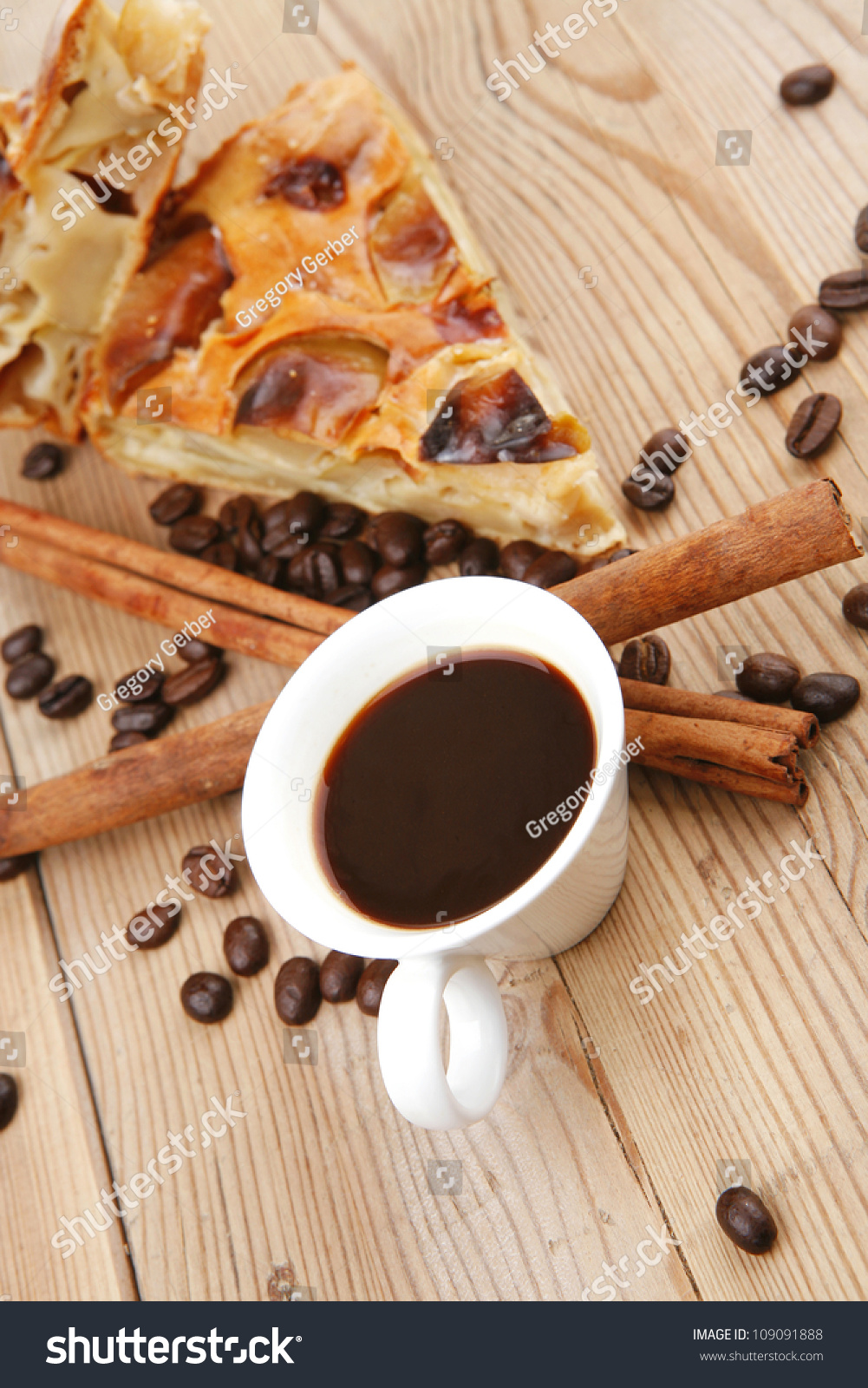 Cinnamon And Apple On Wooden Table Sweet Apple Pie On Wooden Table With Coffee Cup And