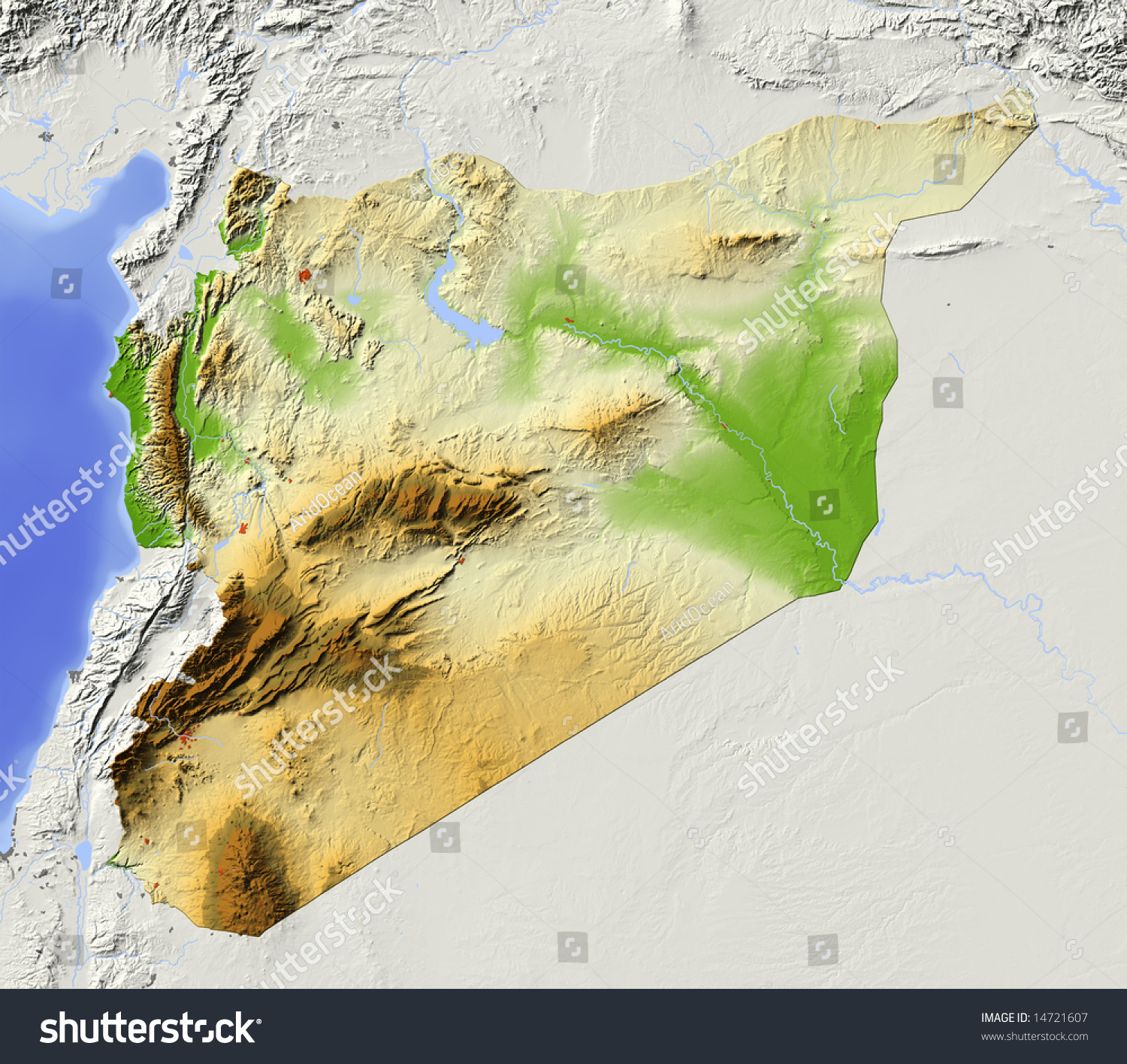 Syria. Shaded Relief Map With Major Urban Areas. Surrounding Territory 