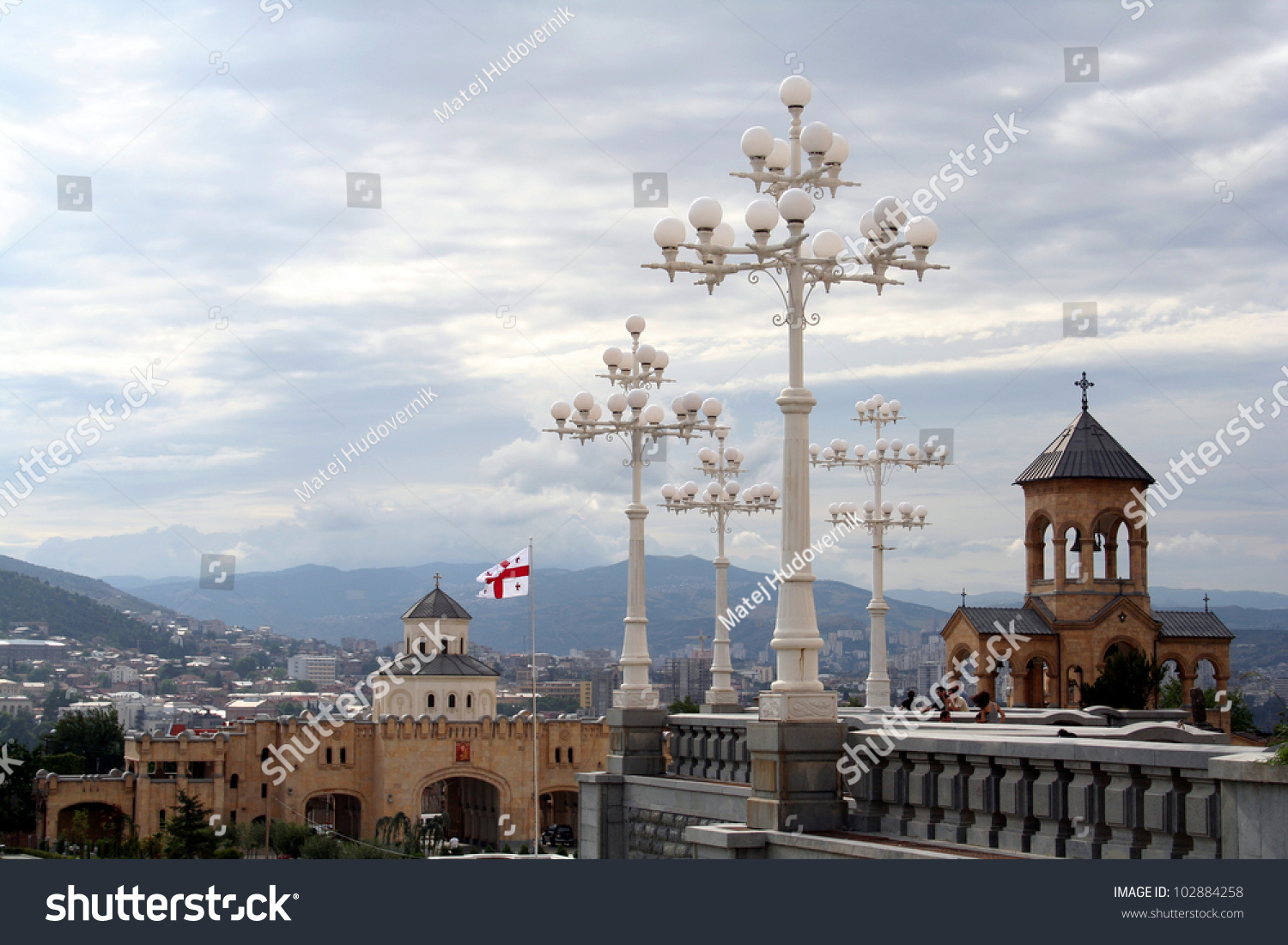 Tbilisi Panorama With Georgian Flag Tbilisi Panorama With Georgian Flag Stock Photo 102884258