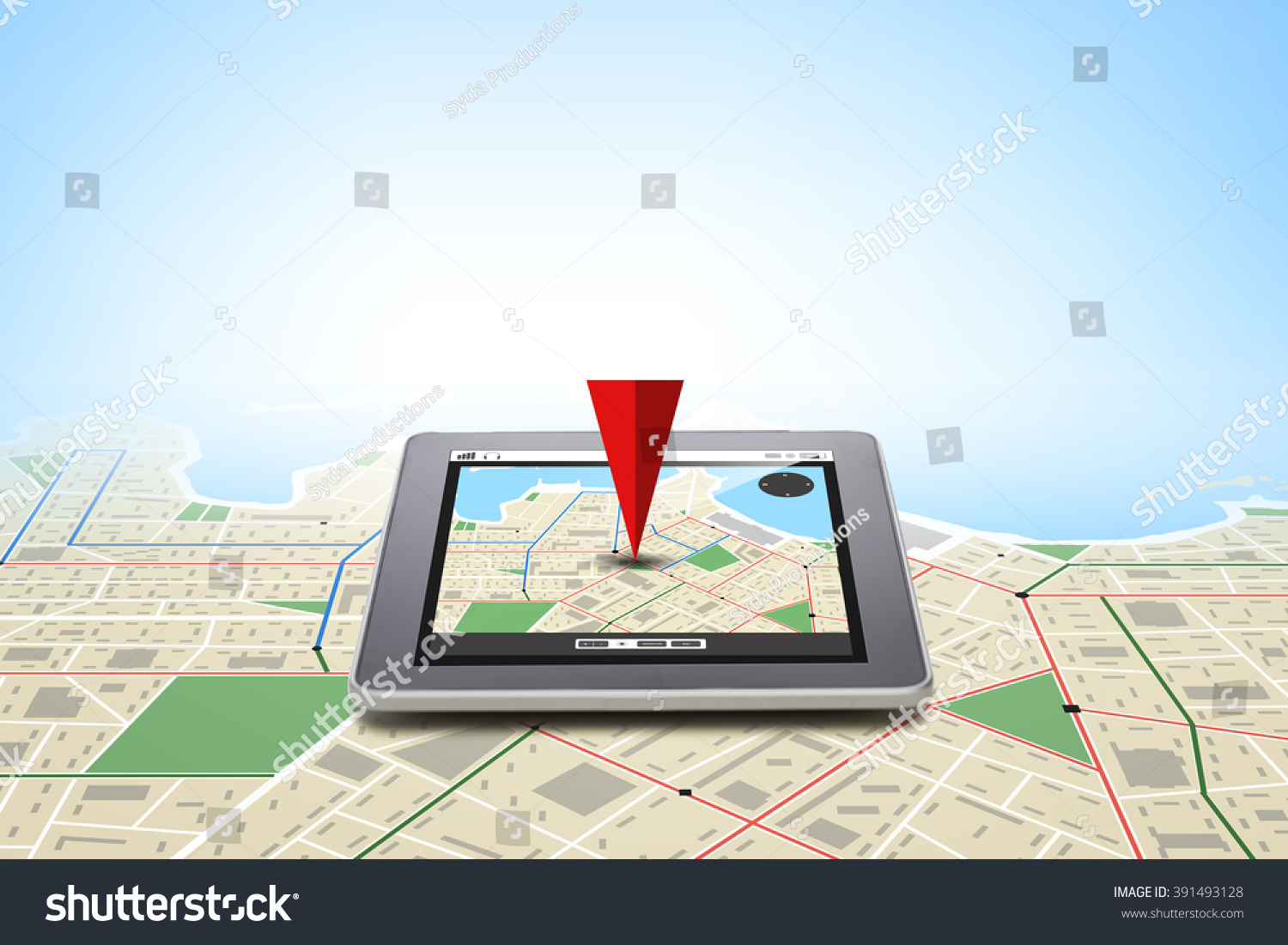 technology navigation location and gadget concept close up of tablet pc computer with gps navigator map on screen over gray background technology navigation location and gadget concept close up of tablet pc computer with gps navigator map on screen over gray background