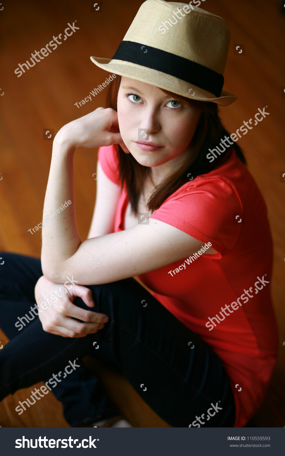 Teen Girl Seated Wearing Straw Hat Stock Photo 110