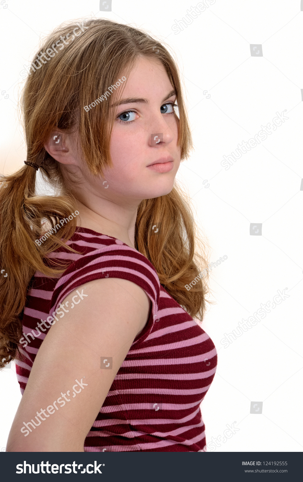 Teenage Girl Pigtails Glaring Stock Photo 124192555 S