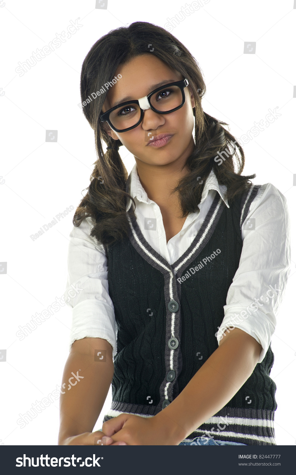 Teenage Nerd Girl With Black Glasses Sticking Out Her