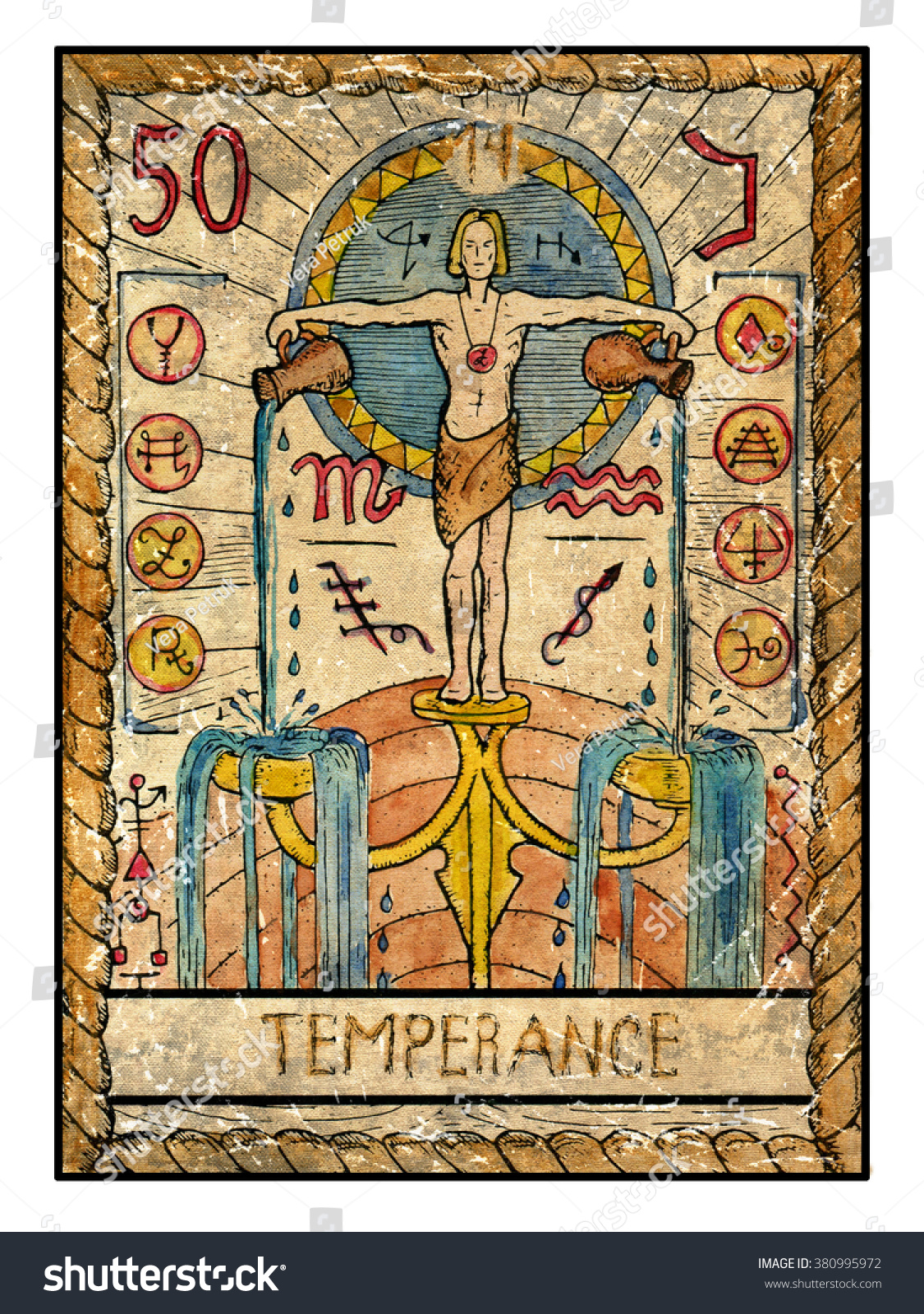 Temperance Full Colorful Deck Major Arcana The Old Tarot Card Vintage Hand Drawn Engraved