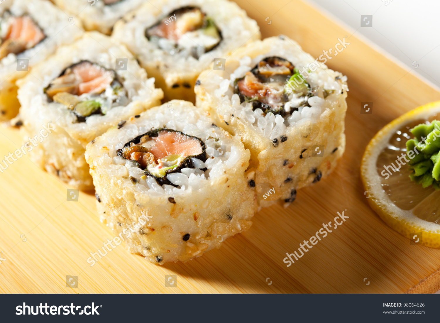 Tempura Maki Sushi Deep Fried Roll Made Of Fresh Raw Salmon, Smoked