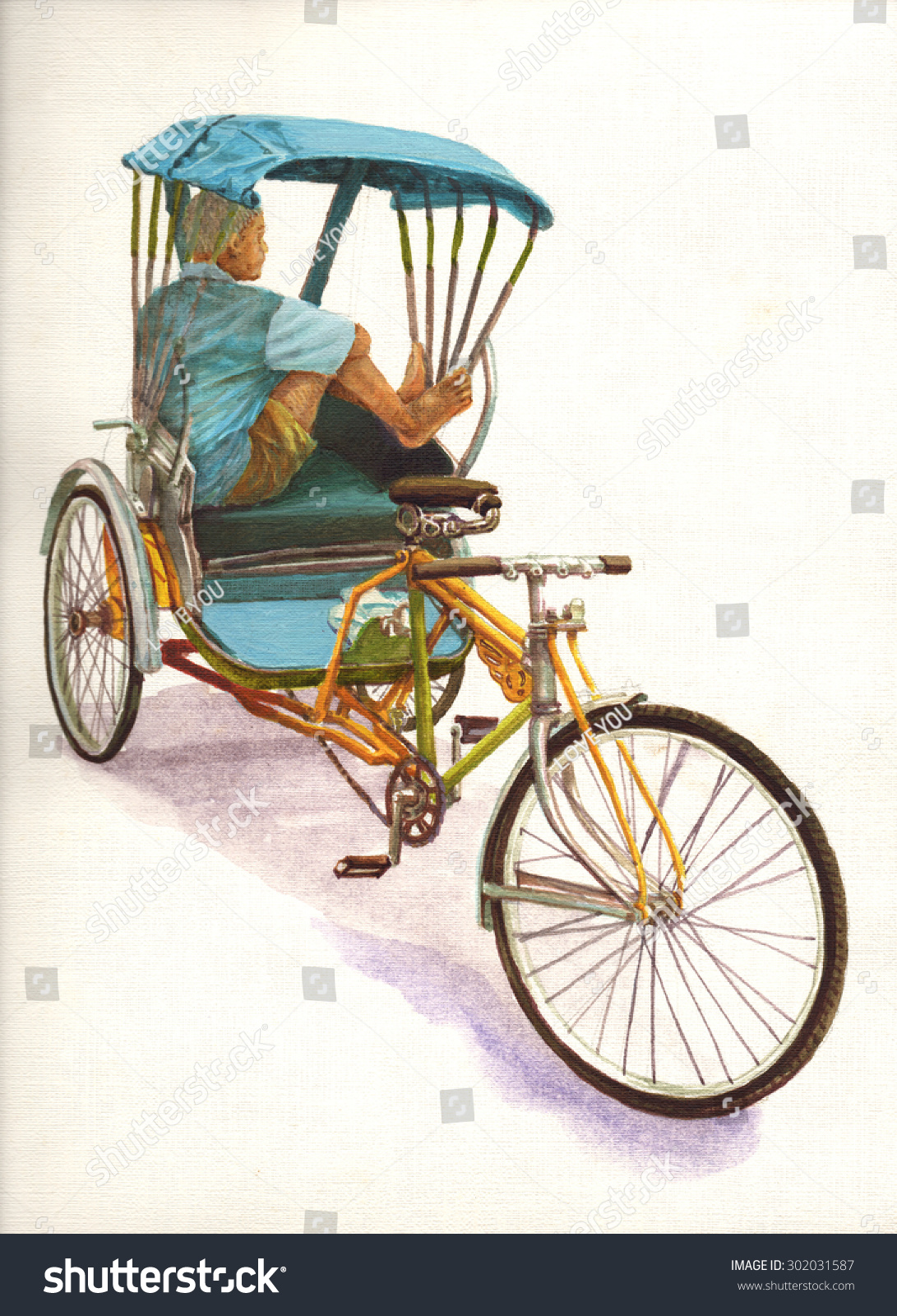 Thailand Rickshaw Three. Bicycle Rickshaw. Taxi Of Bankok. Watercolour 