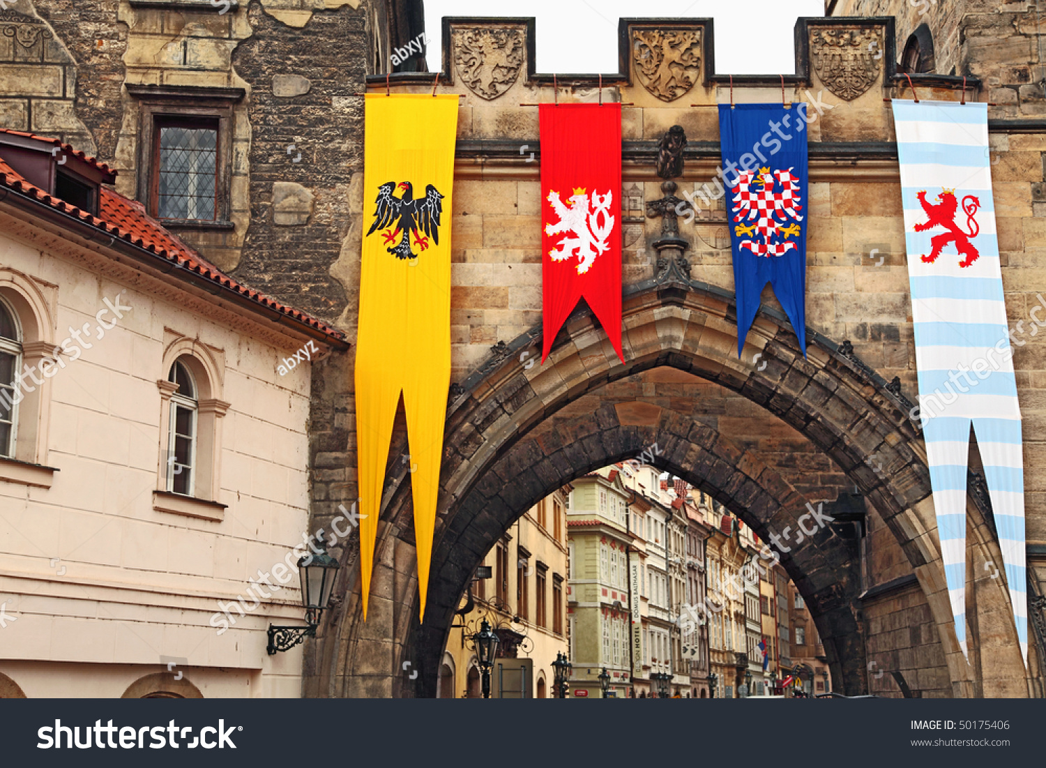 http://image.shutterstock.com/z/stock-photo-the-detail-of-old-town-bridge-tower-with-medieval-flags-prague-50175406.jpg