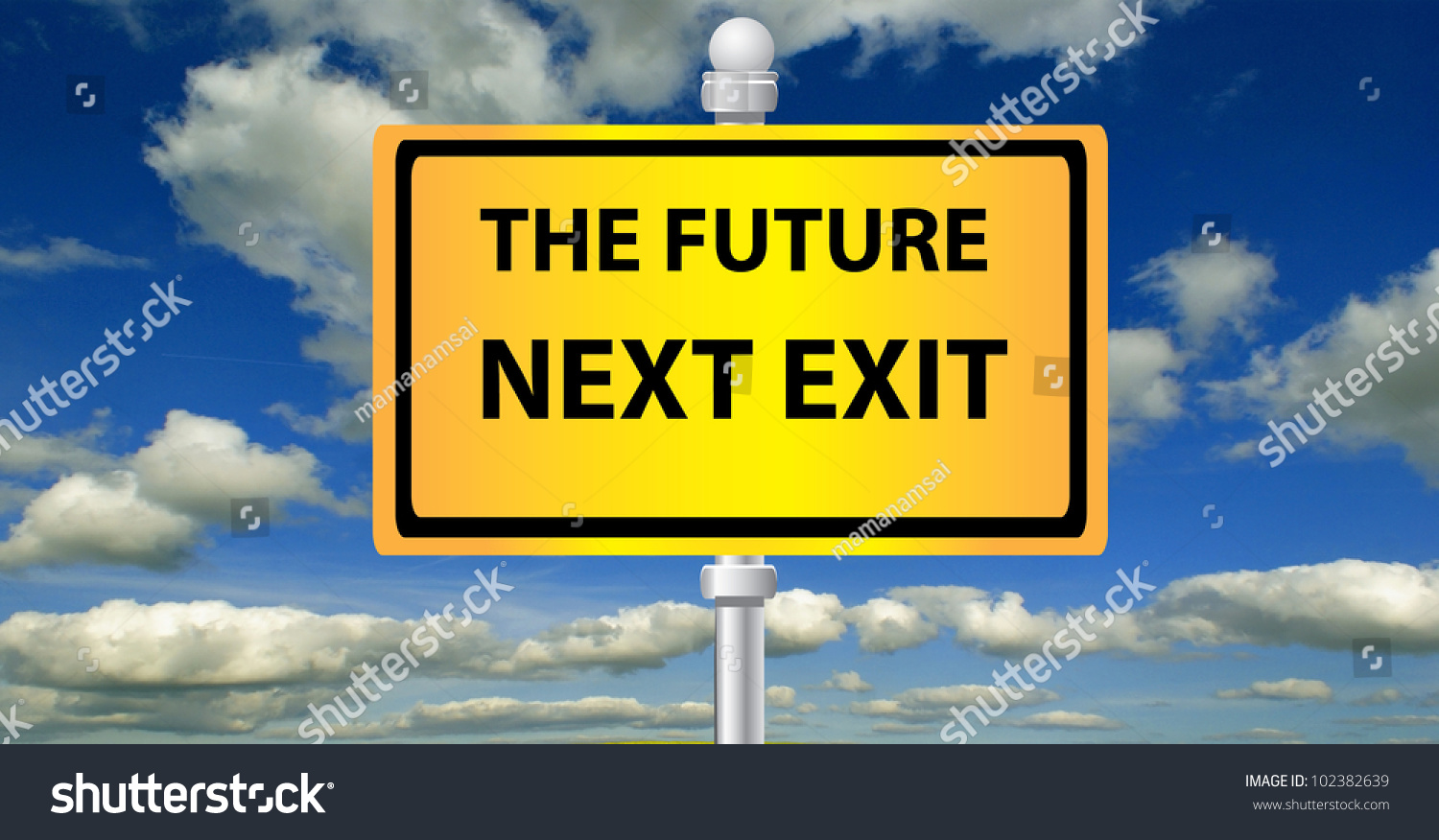 The Future Next Exit Signpost On Sky Background Stock Photo 102382639