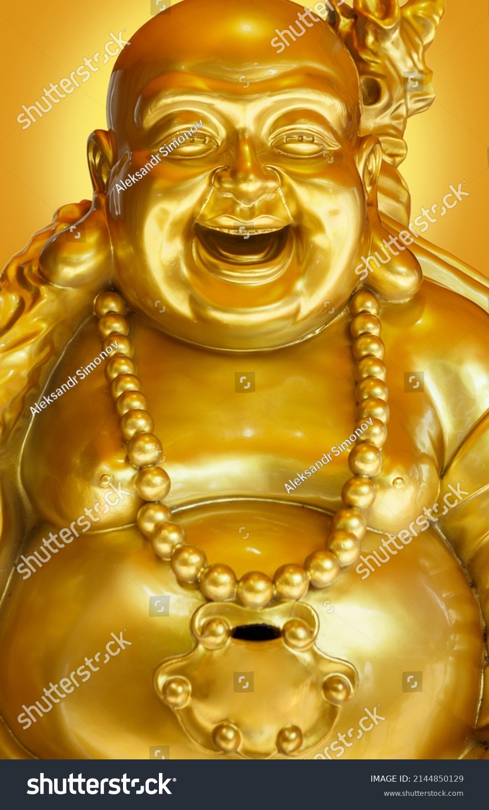 Golden Smiling Buddha Hotei Chinese God Stock Photo 2144850129