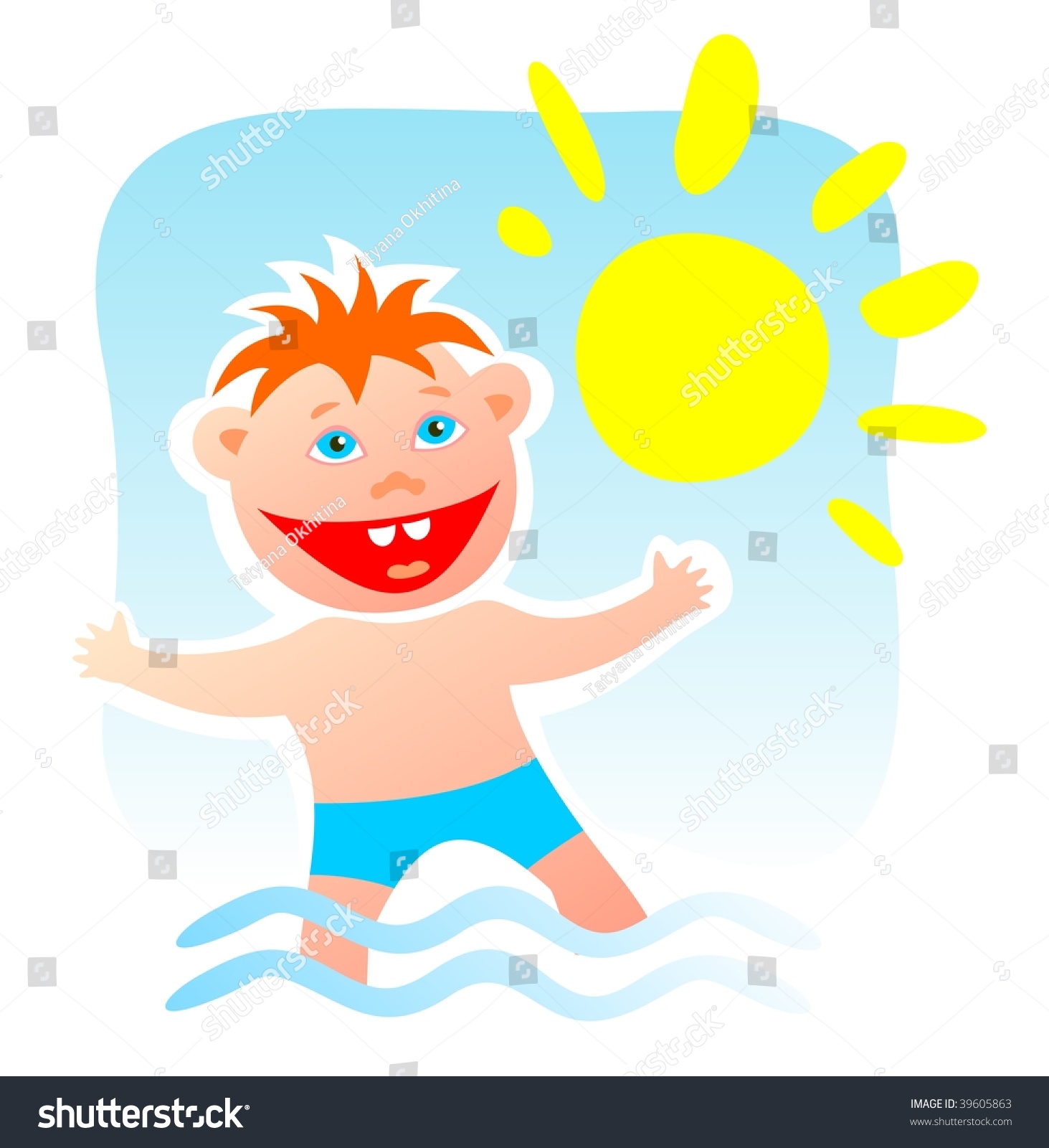 The Happy Cartoon Child Bathes In A Sea. Stock Photo 39605863