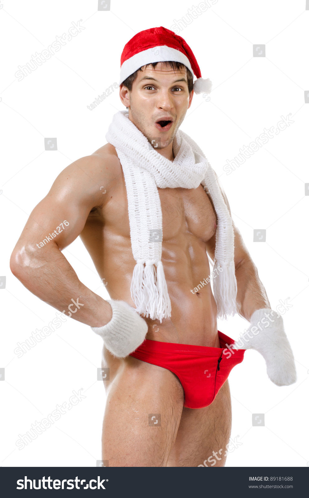 The Very Muscular Bronzed Handsome Sexy Santa Claus On White Background Isolated Imagen De