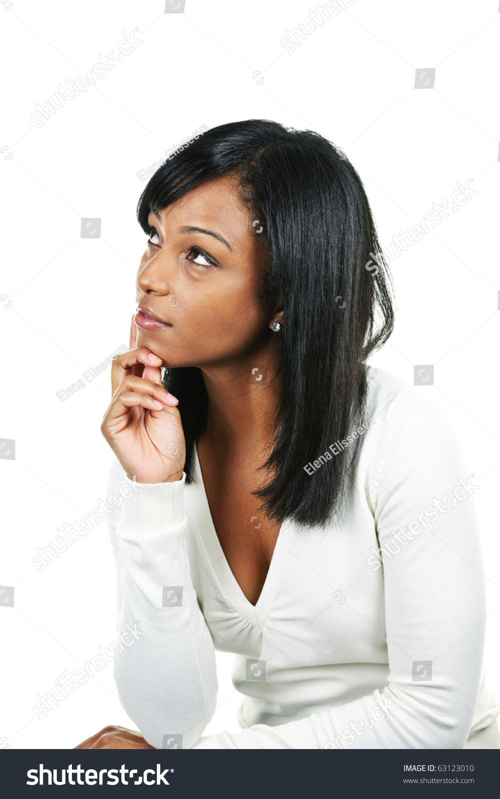 Thoughtful Black Woman Looking Up Portrait Isolated On White Background