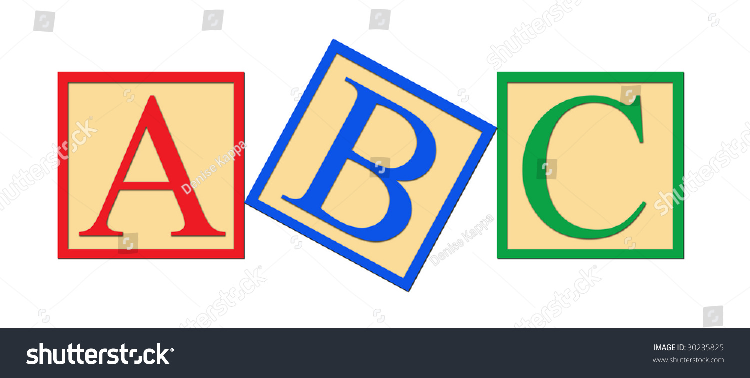 Three Alphabet Blocks. A, B, And C Graphic On A White Background. Stock 