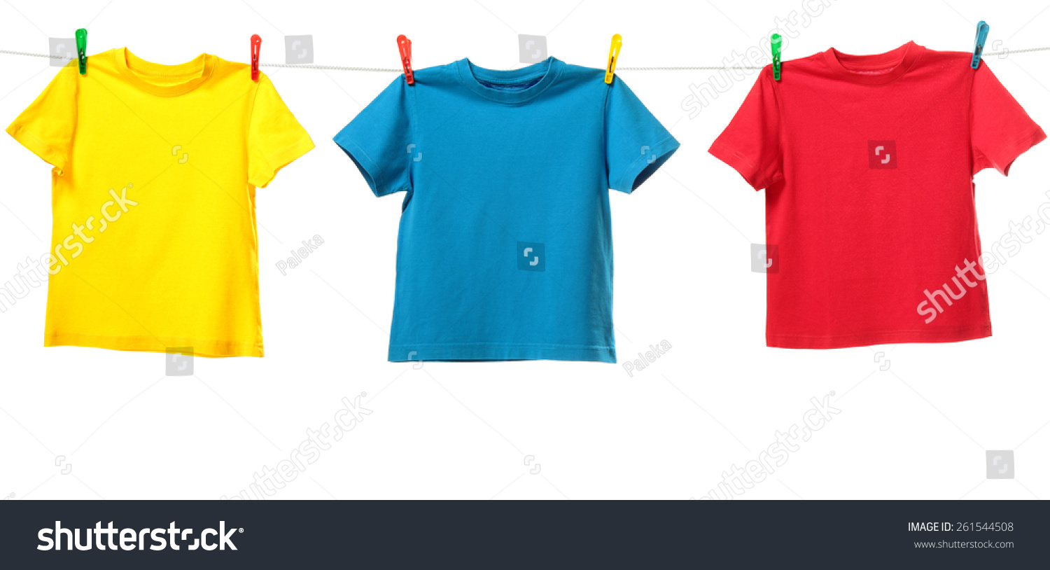 Three Colorful Shirts Hanging On The Clothesline Image Isolated On