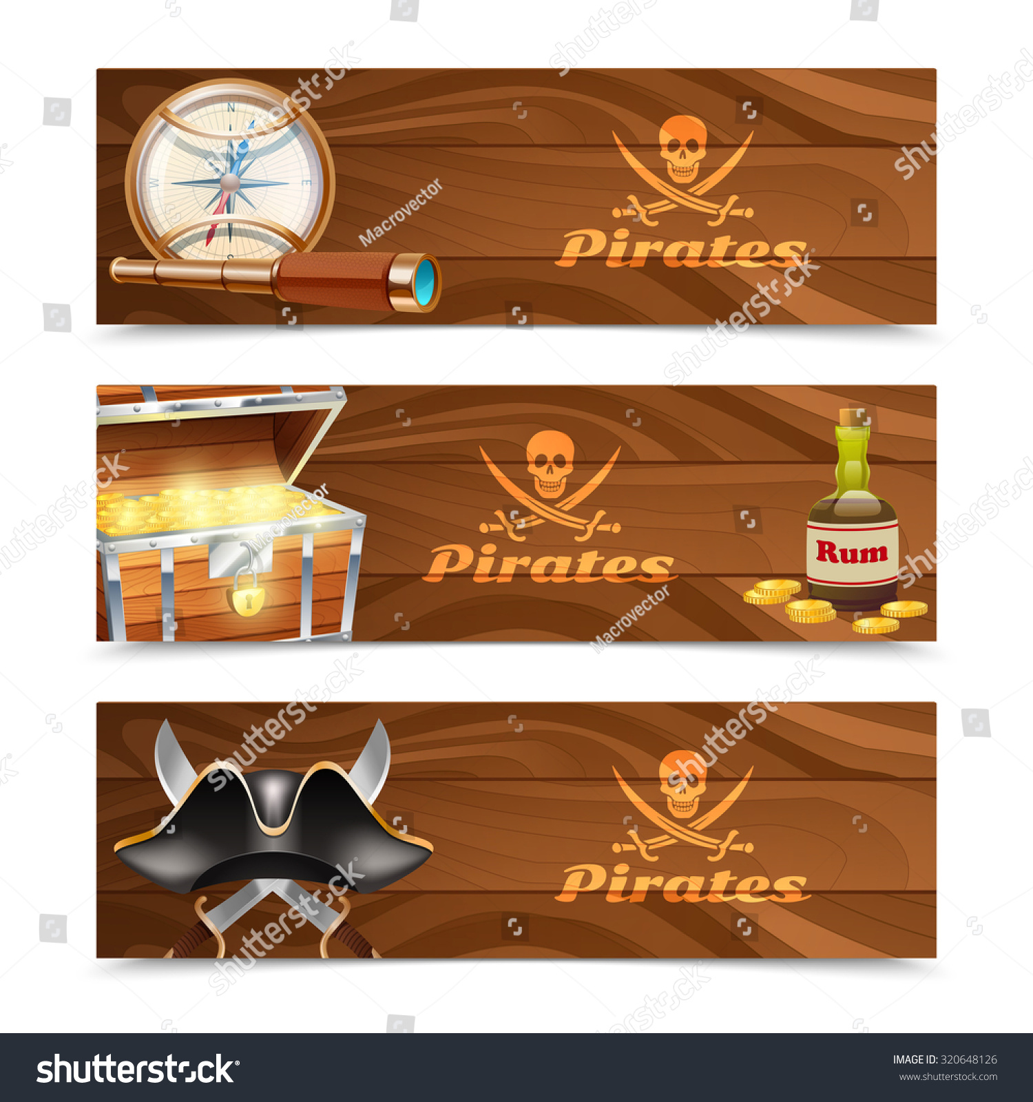 Three Horizontal Wooden Pirate Banners Jolly Stock Illustration