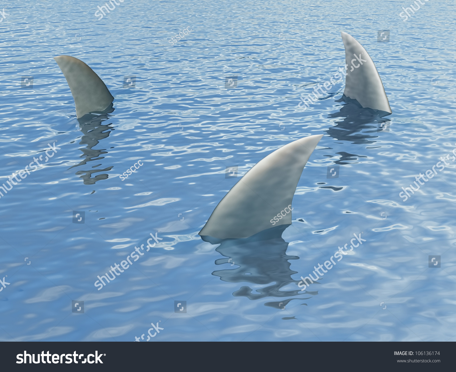 Three Sharks Fin Sticking Out Of The Water Stock Photo 106136174