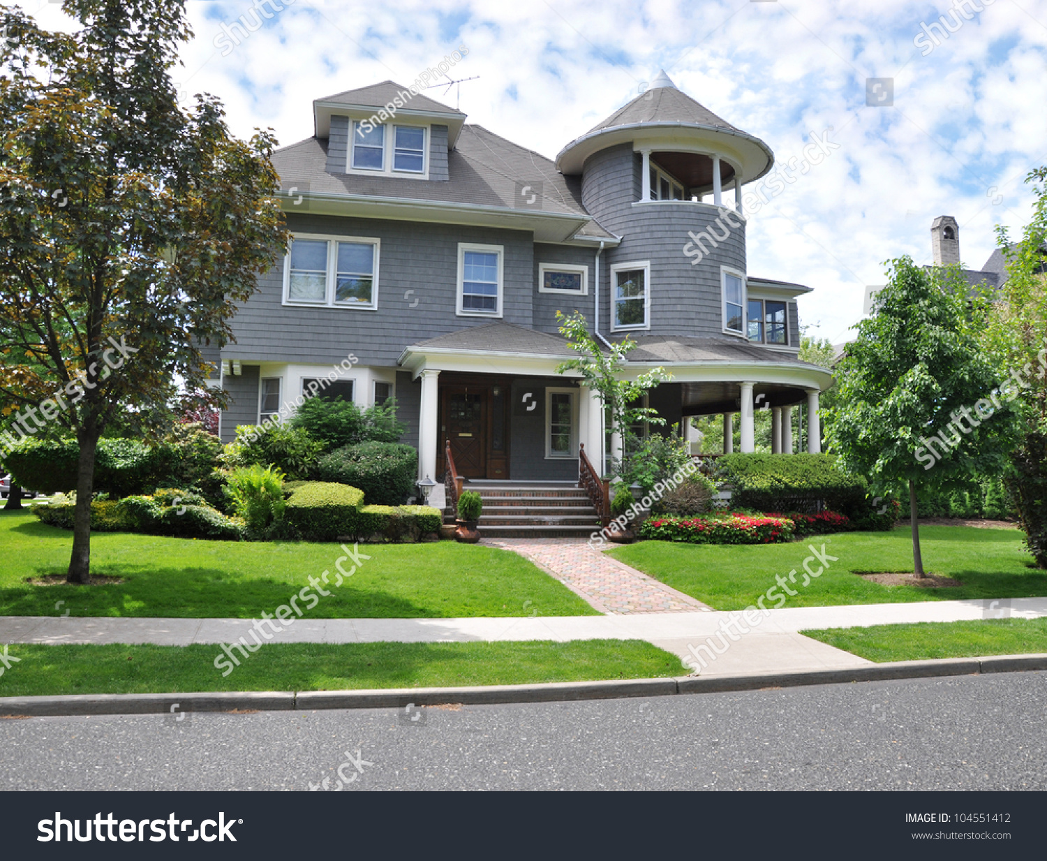 Three Story Victorian Style Home Landscaped Front Yard Lawn Sidewalk 