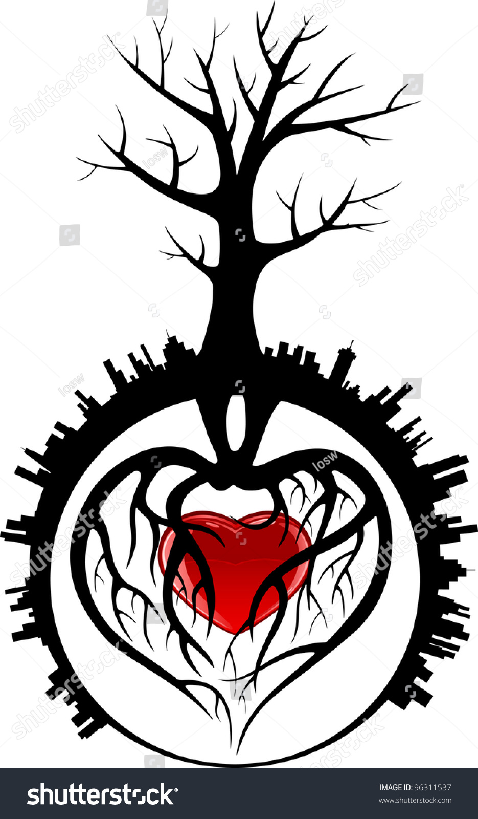 Tree Roots Form Heart City Illustration Stock Illustration 96311537