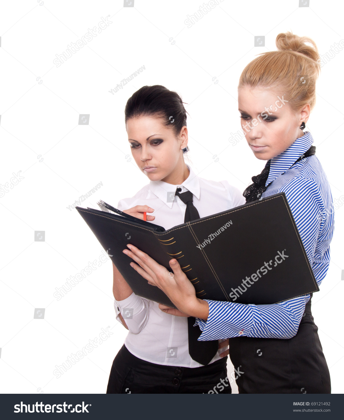Two Beautiful With Folders Isolated On White Two Businesswoman With Black Folder Isolated On White