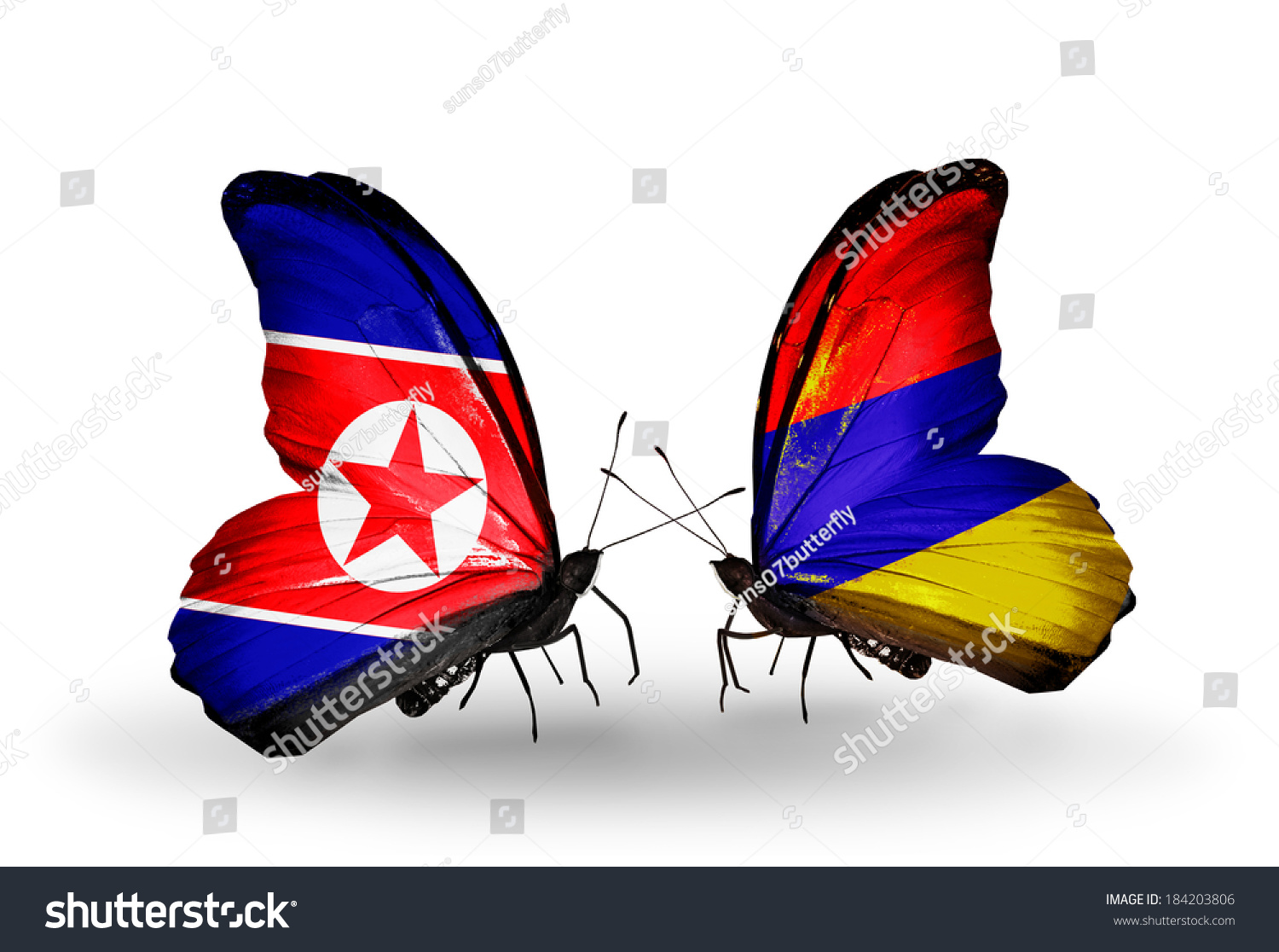 Two butterflies with flags on wings as symbol of relations North Korea and Armenia Two butterflies with flags on wings as symbol of relations North Korea and Armenia