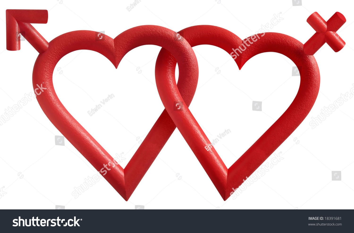 Two Interlocking Valentine Hearts With Male And Female Symbols Stock