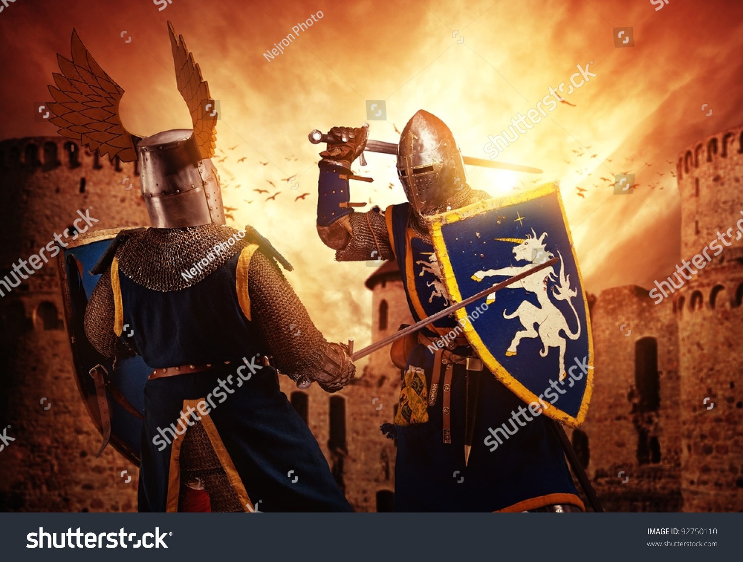 Two Knights Fighting Against Medieval Castle Stock Photo 92750110